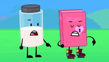 two cartoon characters standing next to each other one is a milk bottle