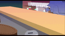 a cartoon of a man standing at a bar with glasses on it