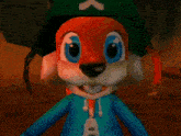 a cartoon character wearing a green hat with an arrow pointing to the right