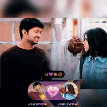 a man and a woman are standing next to each other with the name sachin on the bottom