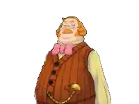 a cartoon character wearing a brown vest and a yellow shirt