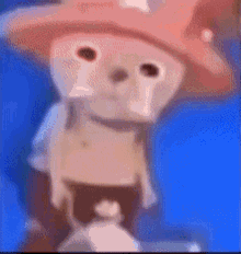 a close up of a cartoon character wearing a pink hat and crying