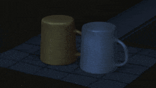 a yellow mug and a blue mug sit on a checkered cloth