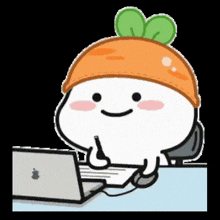 a cartoon character with a carrot hat is sitting at a desk with a laptop .