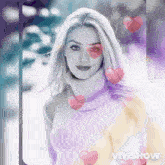a woman in a turtleneck sweater is surrounded by pink hearts and the words vivishow on the bottom
