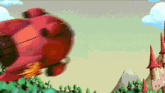 a cartoon drawing of a red rocket flying in the sky