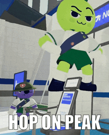 a cartoon character with the words hop on peak below him