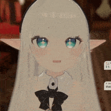 a close up of a cartoon character with white hair and blue eyes