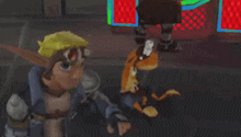 a video game character is standing next to a cat with a hat on it