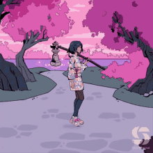a cartoon drawing of a girl holding a sword with the letter s in the corner