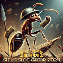 a picture of an ant wearing a helmet and holding a knife with the words museum bola on the bottom