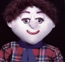 a close up of a stuffed doll wearing a plaid shirt and a purple tie .