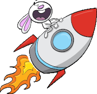 a cartoon rabbit is riding a rocket with flames coming out of the tail