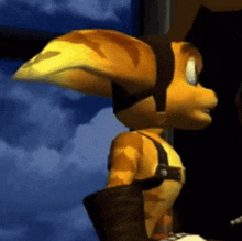 a cartoon character is standing in front of a window .