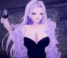 a girl with purple hair is holding a wine glass