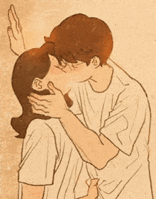 a drawing of a man kissing a woman with the letter s visible