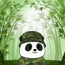 a cartoon panda bear wearing a camouflage hat and headphones in a bamboo forest