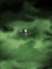 a cartoon character is flying through the air in a green background
