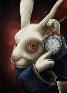 a white rabbit is holding a pocket watch in front of its face .