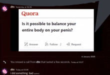 a screenshot of a quora question about balance your entire body on your penis