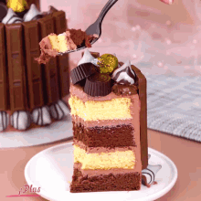 a slice of cake is being eaten with a fork and the word plus is on the bottom right corner
