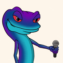 a blue and purple cartoon character with red eyes and a fist