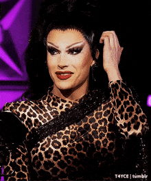 a drag queen wearing a leopard print dress is smiling and making a funny face .