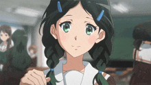 a girl with braids and green eyes is standing in front of a blackboard