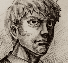 a black and white drawing of a man 's face with a serious look on his face