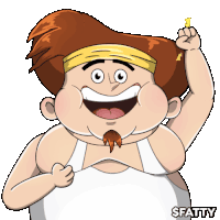 a cartoon of a fat man wearing a headband with the word fatty underneath