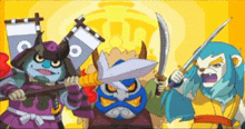 a group of cartoon characters holding swords and flags on a yellow background .