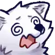 a pixel art drawing of a white dog with a swirl in its eyes and a red tongue .