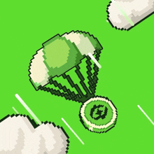 a pixel art drawing of a parachute carrying a coin with the letter g on it