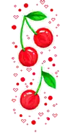 a row of cherries with green leaves and hearts on a white background