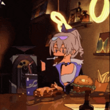 a cartoon drawing of a girl eating a hamburger and drinking a soda