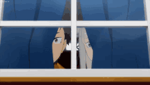 a couple of anime characters peeking out of a window with a blue curtain behind them