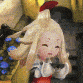 a doll with blonde hair is standing in a room