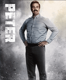 a man with a mustache is standing in front of the name peter