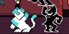 a black and white pixel art of a cat and a man .