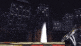 a statue of a man is flying through the air in front of buildings