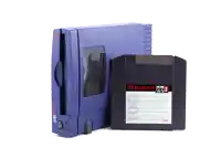 a blue fujifilm zip drive sits next to a black floppy disc