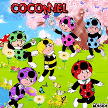 a group of ladybugs are dancing in a field with the name coconel written in red