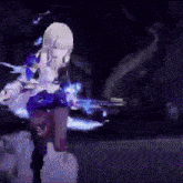 a woman in a costume is holding a gun in her hand in a dark room .