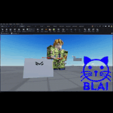 a screen shot of a video game with a blue cat and the word bla on the bottom