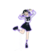 a drawing of a girl with her arms outstretched wearing a purple outfit