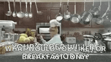 a chef is cooking in a kitchen with pots and pans hanging from the ceiling and a blender .