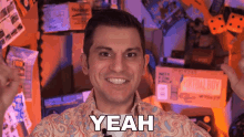 a man wearing a shirt that says yeah