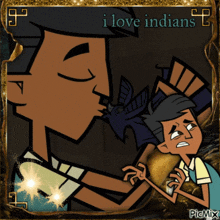 a cartoon of a man holding a bird with the words i love indians below him