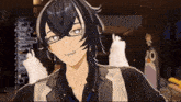 a man with long black hair and glasses is standing in front of a penguin .