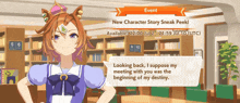 a girl in a blue dress is talking about a new character story sneak peek